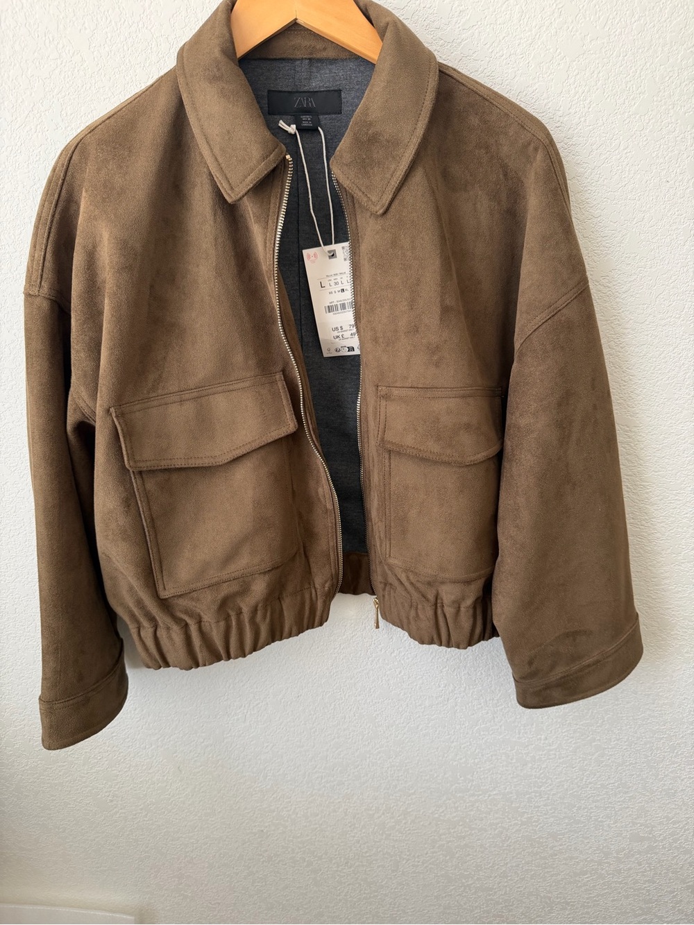 Zara Faux Suede Jacket Size L Dark Khaki - Picture 3 of 8